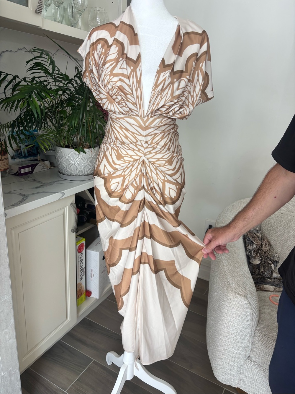 Taupe & Cream V-Neck Ruched Midi Dress